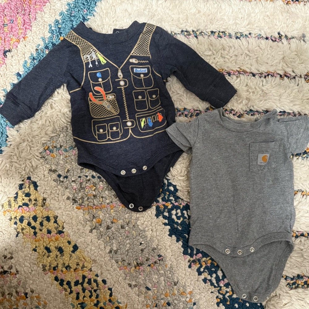 Carhartt Baby Boy Bodysuit Lot 2pc Size 3M Fishing Vest Print + Gray Logo Pocket